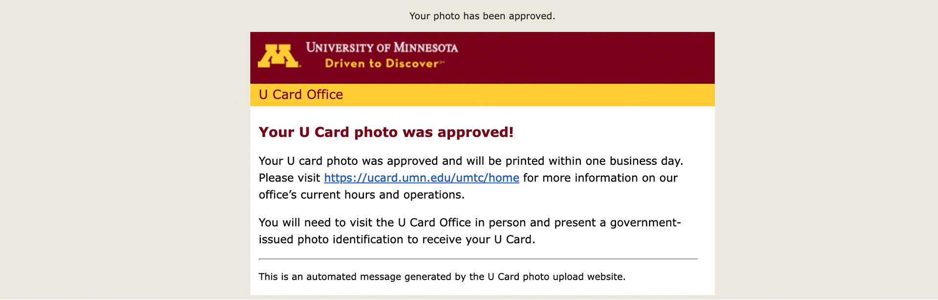Screenshot of U Card photo approval email
