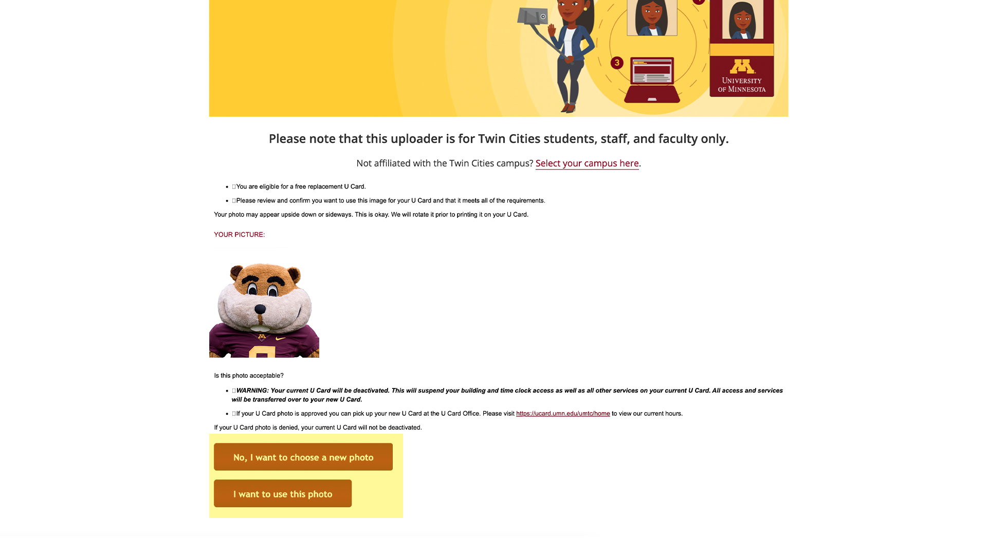 A screenshot of the photo upload page showing Goldy Gopher with selection buttons highlighted