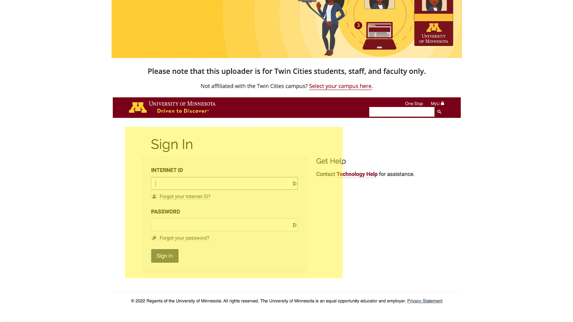 The photo upload portal webpage, with U of M login information highlighted