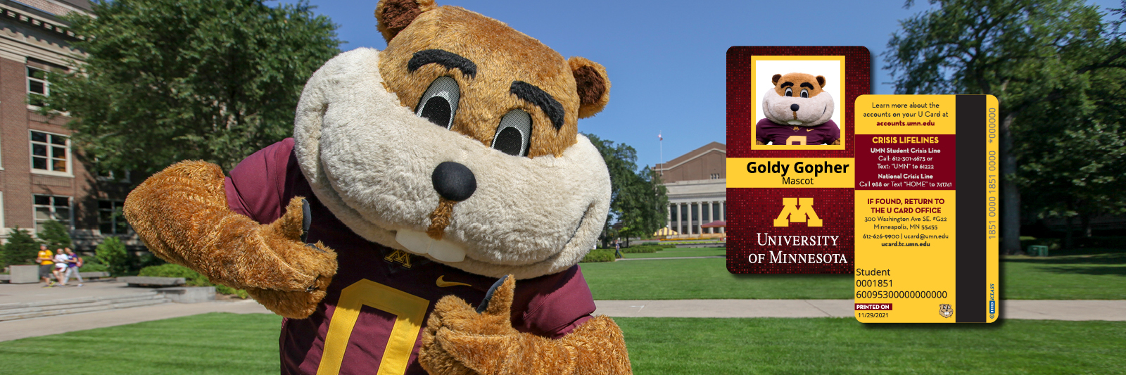 Goldy standing in front of a U Card with the new crisis resources section shown.