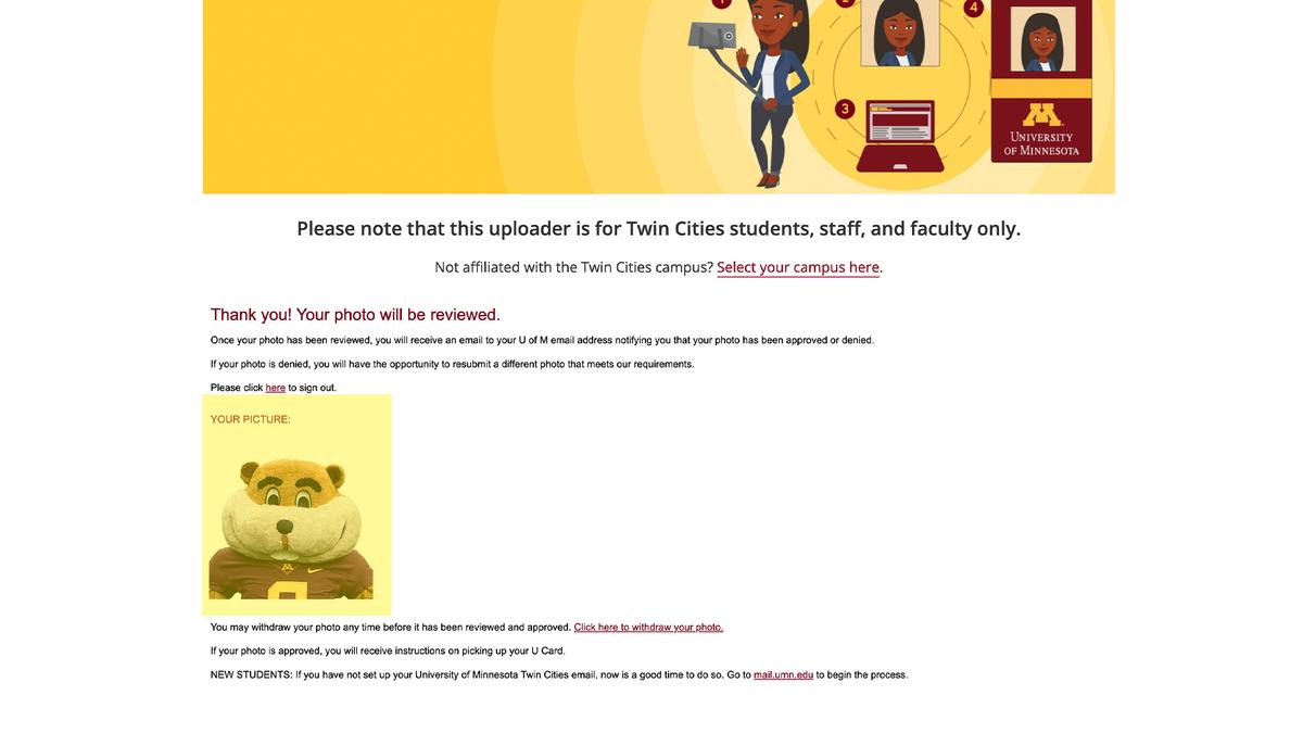 Screenshot of photo confirmation page showing uploaded photo of Goldy Gopher